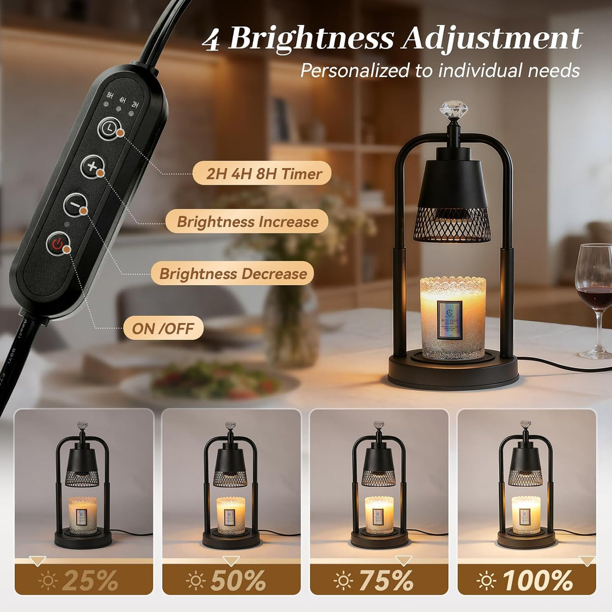 Table Lamp Candle Warmer Flameless 2.5- 6.5in Height Adjustable Timer Dimmer Wax Melt Warmer Lamp for Large 3 Wicks Jar Candles Modern Bedside Lamp for Mothers Day House Warming Home Decor Living Room