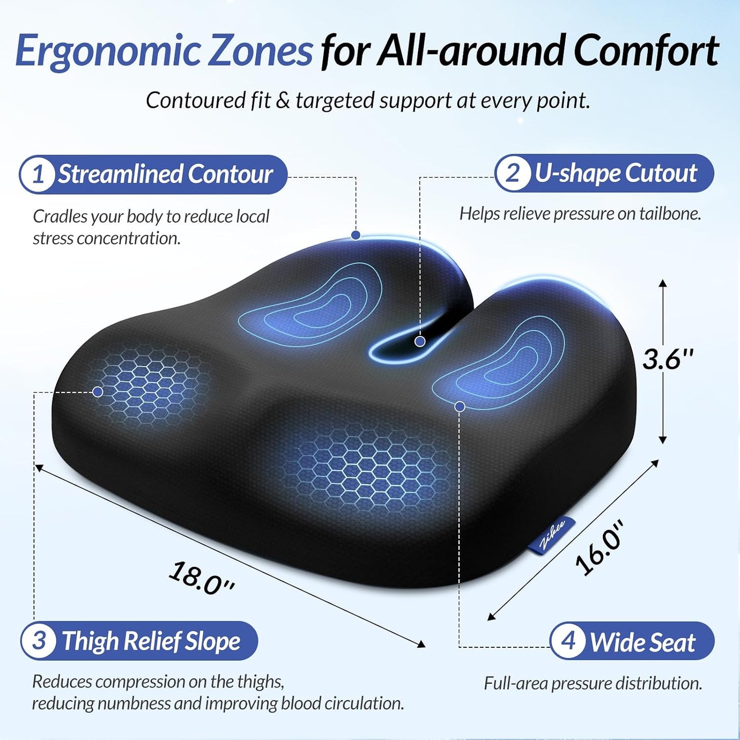 ZIKEE Ergonomic Seat Cushion with Thigh Slope for Long Sitting Comfort | Memory Foam Office Chair Cushion for Car, Home, U-Shaped Design Relieves Hip, Tailbone Pain, Sciatica Pain Relief, Non-Slip