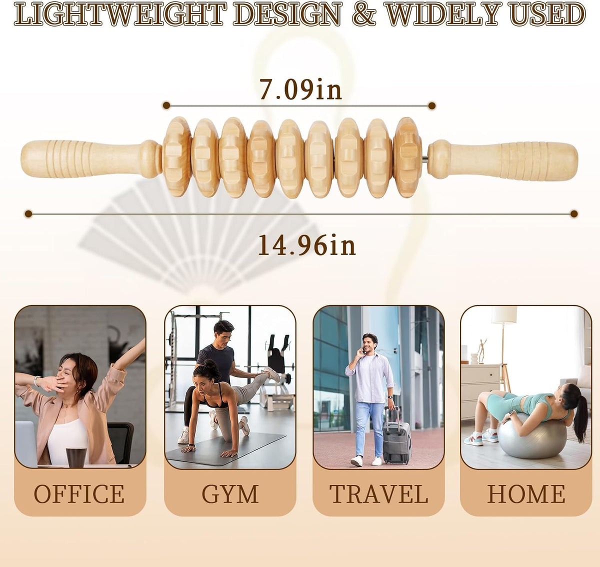 Liitrton Manual Wooden Massage Roller Stick for Muscle Relief, 11-Wheel