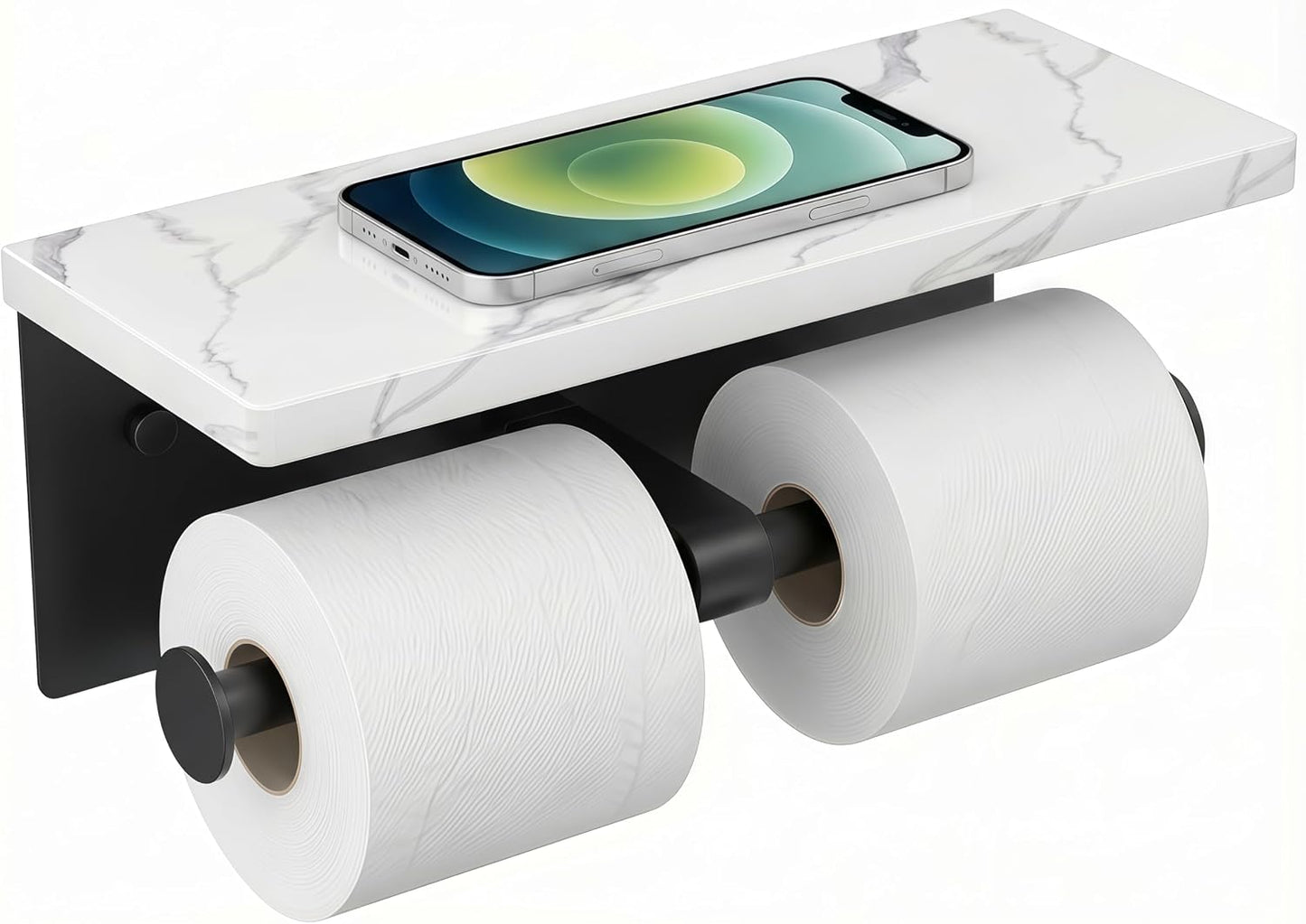 FORIOUS Toilet Paper Holder with Shelf, Natural Marble, Commercial | Brushed Nickel, Wall Mount 304 Stainless Steel Commercial Bathroom Tissue Roll Dispenser, Heavy Duty Washroom Paper Storage