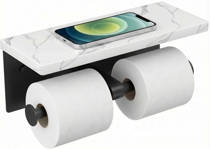 FORIOUS Toilet Paper Holder with Shelf, Natural Marble, Commercial | Brushed Nickel, Wall Mount 304 Stainless Steel Commercial Bathroom Tissue Roll Dispenser, Heavy Duty Washroom Paper Storage