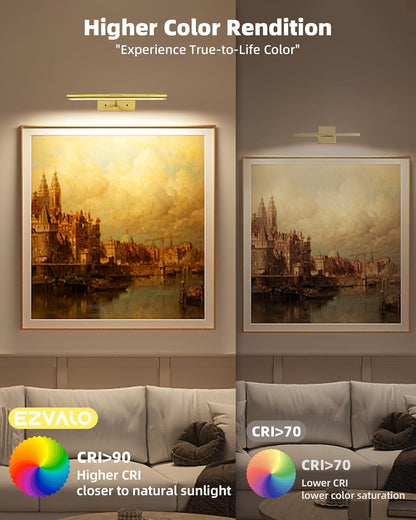 EZVALO Picture Light for Wall, 4800mAh Rechargeable Wireless Gold Light with IR Remote, Dimmable Magnetic LED Art Display Light with 3 Color Temperatures, for Gallery, Living Room, Bedroom(2Pack)