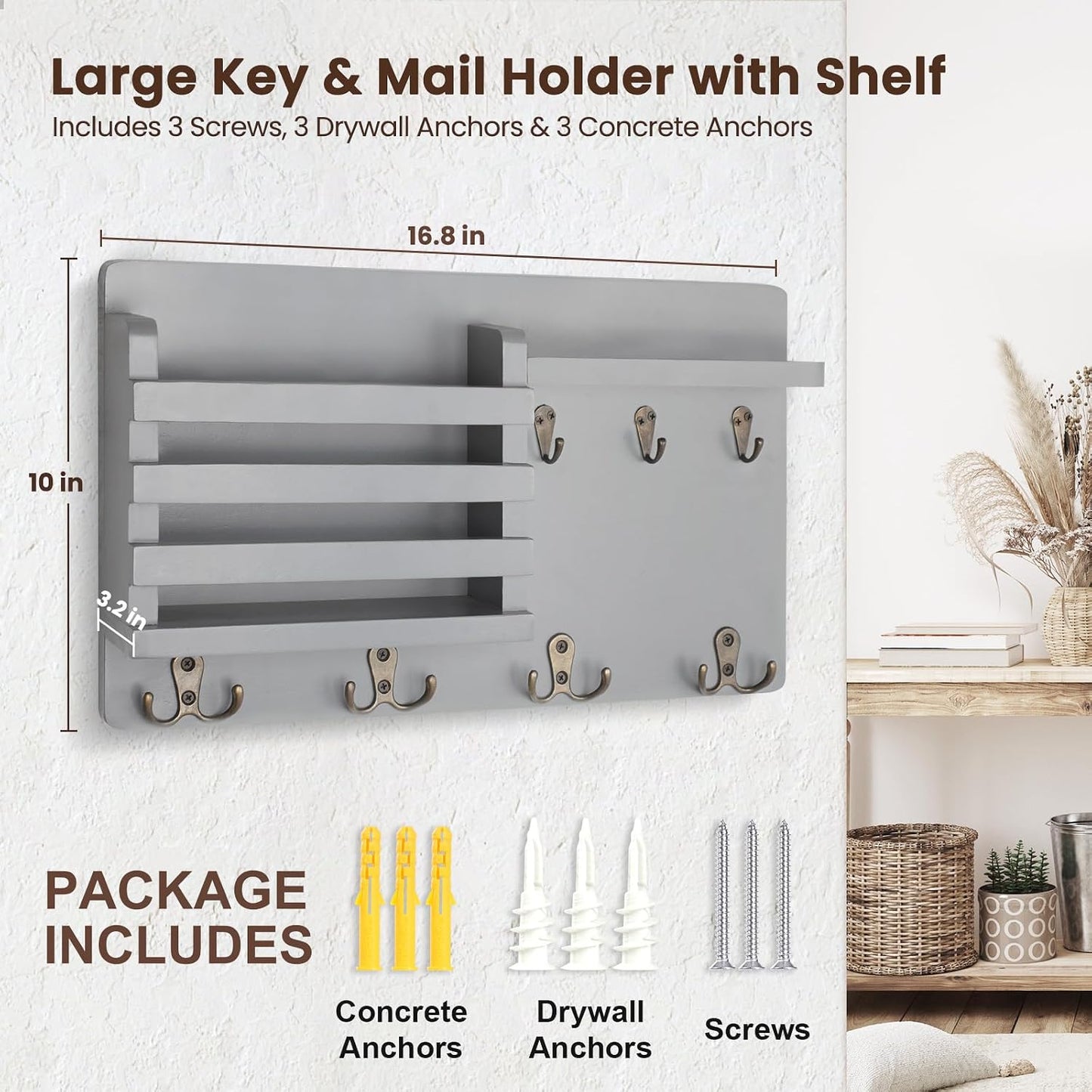 Nekon Mail Holder for Wall, 16.8 Inch Mail Organizer, Black | 16.8Inch x 10Inch x 3.2Inch, Hallway Farmhouse Decor, Storage Racks with Floating Shelf and Flush Mount Hardware