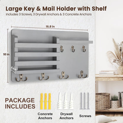 Nekon Mail Holder for Wall, 16.8 Inch Mail Organizer, Black | 16.8Inch x 10Inch x 3.2Inch, Hallway Farmhouse Decor, Storage Racks with Floating Shelf and Flush Mount Hardware