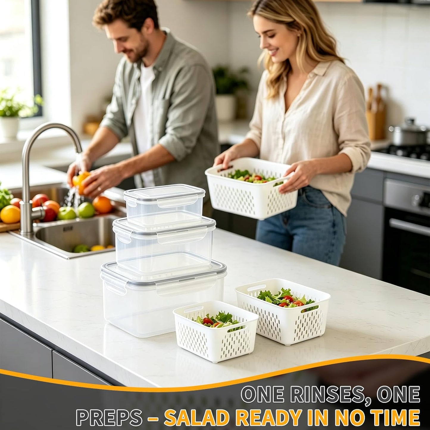 Salad Storage Container for Refrigerator, Salad Crisper Container for Fridge, 3 Pack No-Leak Food Storage Containers, Removable, Sealed Silicone Gasket, Simple to Use, Great for Salads