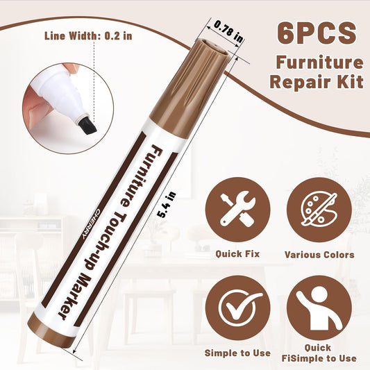 Wood Furniture Repair Markers, 6 Colors Touch up Kit for Scratches | Oak, Maple, Cherry, Walnut, Mahogany, Black; Covers Scratches, Chips, Scuffs; for Floors, Tables, Cabinets, Doors