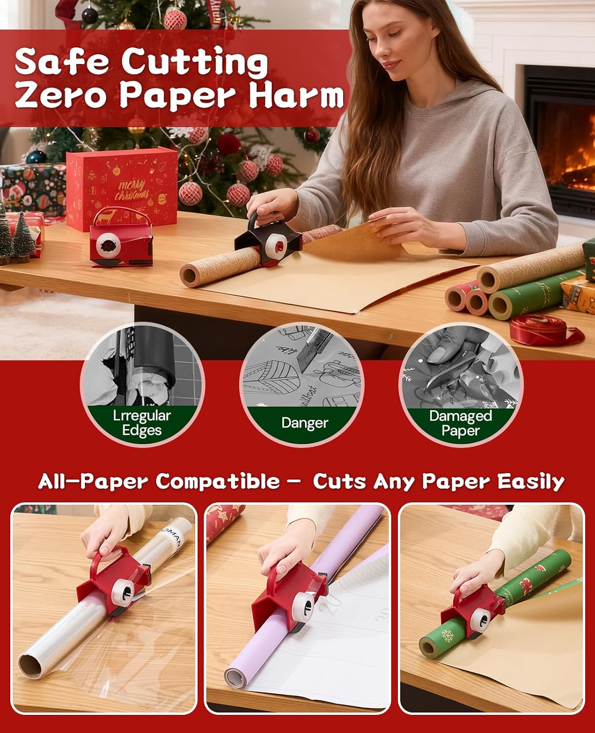 2 Pack Wrapping Paper Cutter & Tape Dispenser Dual Use, Gift Wrap Cutter Tool for Rolls Paper with 4 Tapes & 2 Replace Blades Kit for Christmas Birthday, Easy Cut for Present Wrapping