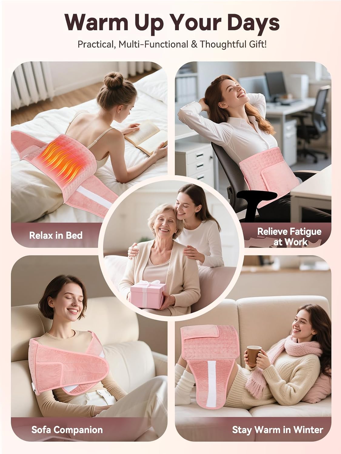51" Heating Pad for Period Cramps Built with Hand Warmer Pocket, Controller Pocket & 9.84ft/3M Extra-Long Cord, Adj. Temp Timer Auto Shut Off Wrap Around Heated Pad for Women Back Abdomen Pain Relief