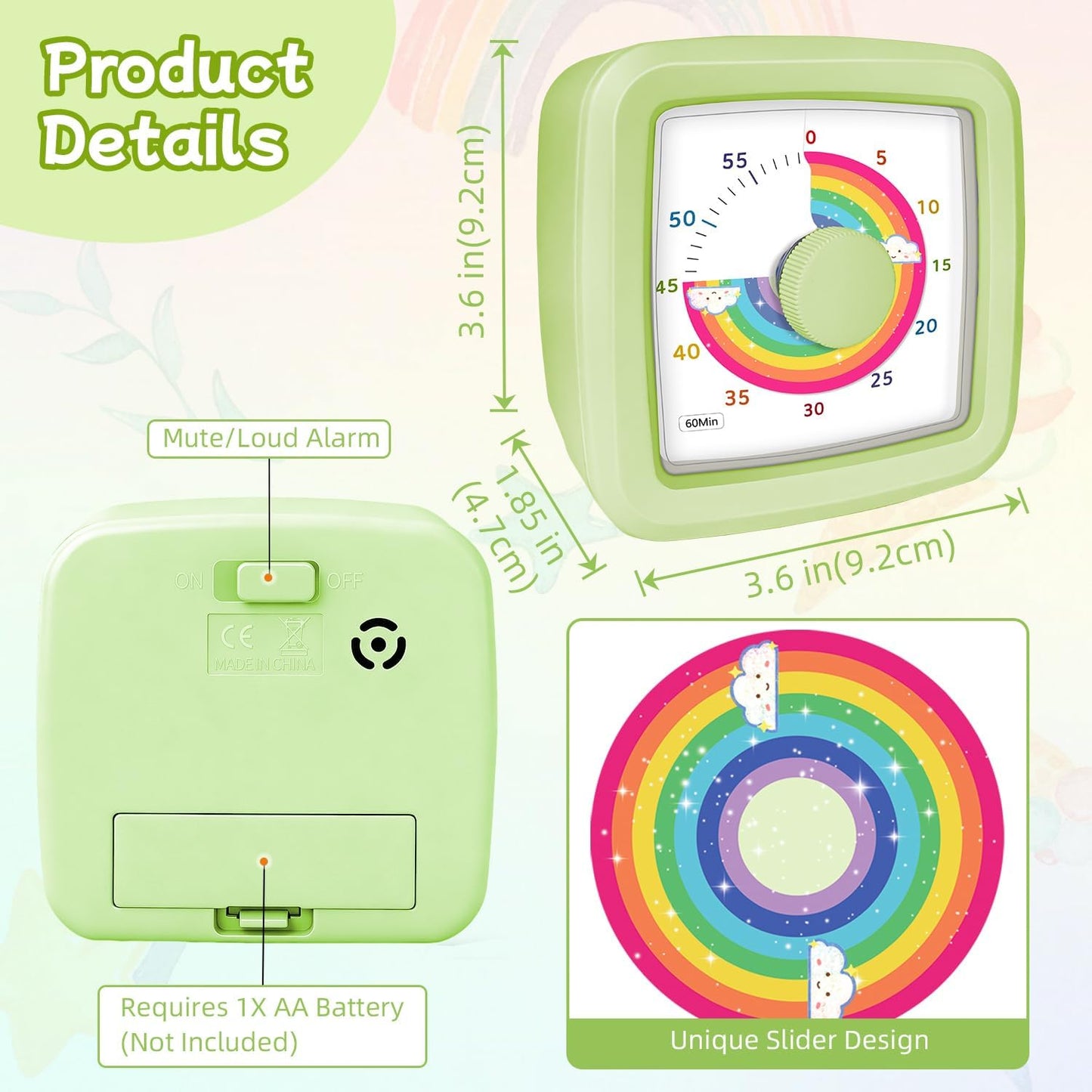 Visual Timer for Kids 60 Minute Countdown Clock – Silent Cube Timer with Rainbow Cloud Design, Plastic Kids Visual Timer, Toddler Timers for Classroom Home Kitchen Study Tools, Green