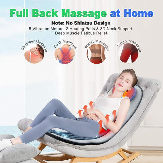 Vibration Back Massager for Chair with Heat, Massage Seat Cushion with Adjustable Neck Support Pillow & Heating Zones, Short Plush Cover Comfortable Pad for Office & Home, Gift for Dad & Mom