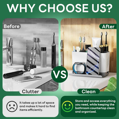 Bathroom Organizers and Storage 6 Slots Wood Grain Electric Toothbrush Holders with Phone Holder and Adjustable Dividers, Cord-Friendly Toothbrush Organizer with Drainage for Family, Kids