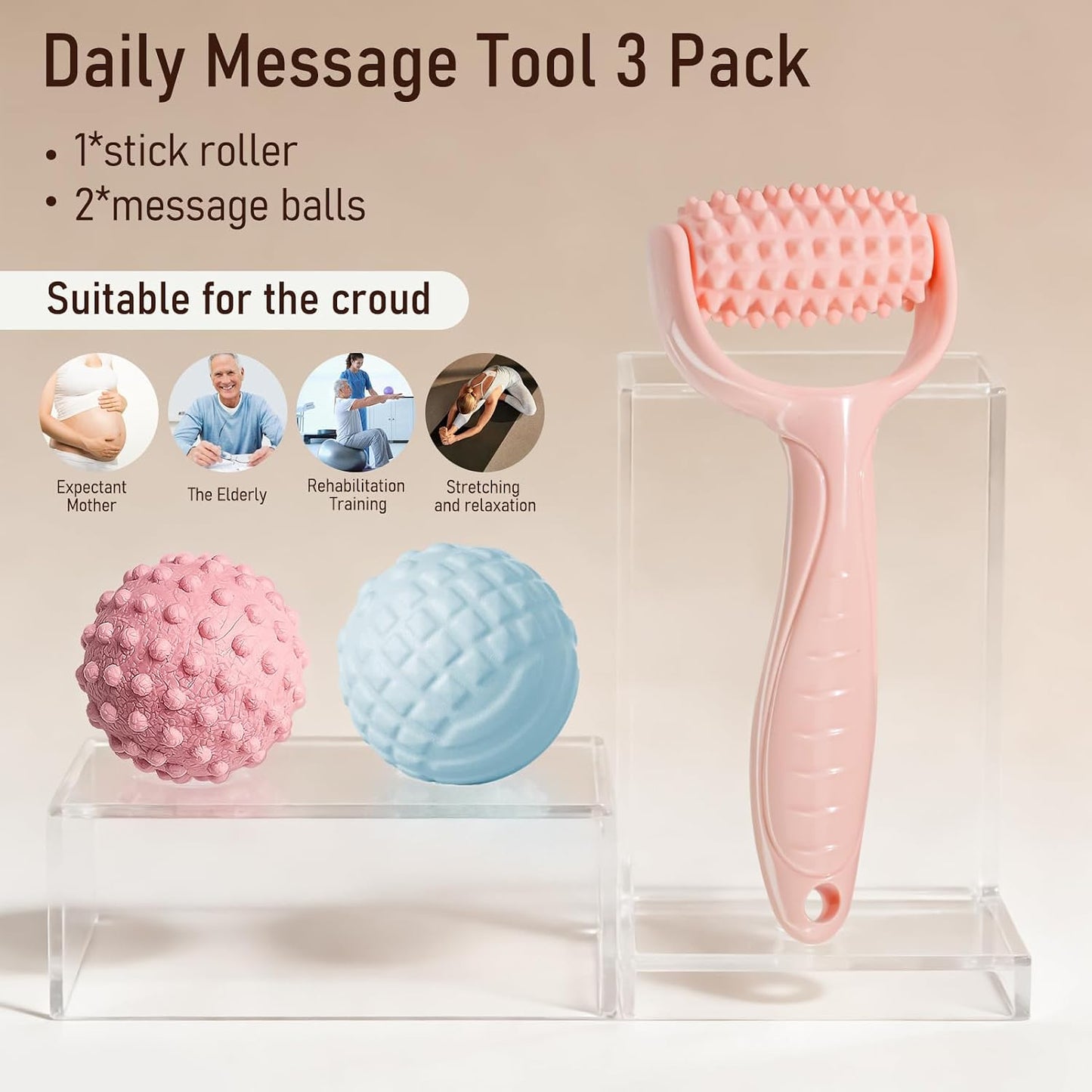 Massage Muscle Roller Stick & Ball Set 3 Pack- Deep Tissue Foot Body Massager with Trigger Point Therapy for Sore Myofascial Release Muscle Stress Relax Hand Arm Neck Feet Headache Blood Stimulation