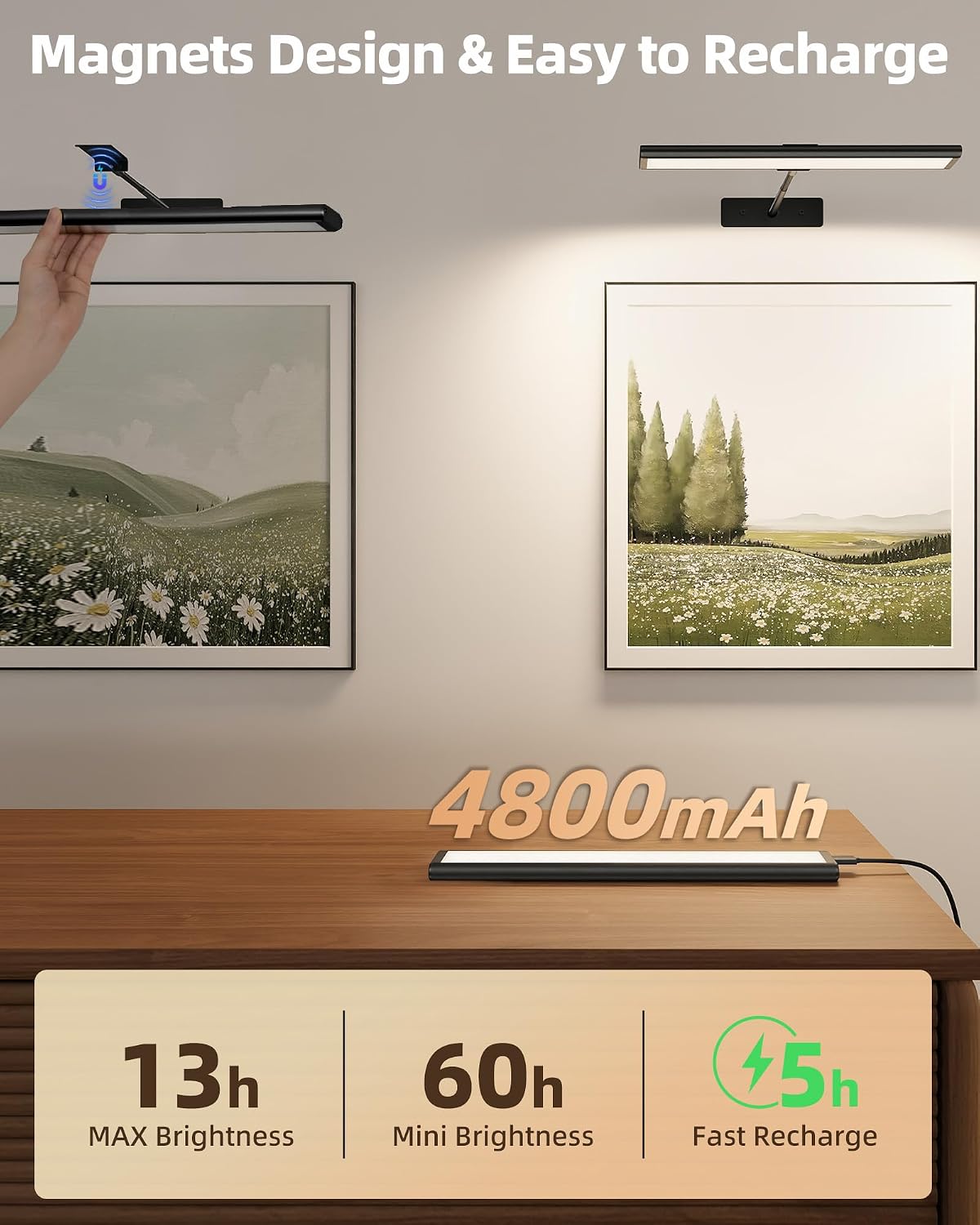 EZVALO Picture Light for Wall, 4800mAh Rechargeable Wireless Gold Light with IR Remote, Dimmable Magnetic LED Art Display Light with 3 Color Temperatures, for Gallery, Living Room, Bedroom(2Pack)