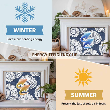 Magnetic Fireplace Cover Navy Blue Coastal Shells Fireplace Screen Decorative Ocean Conch Marine Life Insulation Fireplace Blocker Save Energy Fireplace Draft Stopper Covers for Living Room 36x30 Inch
