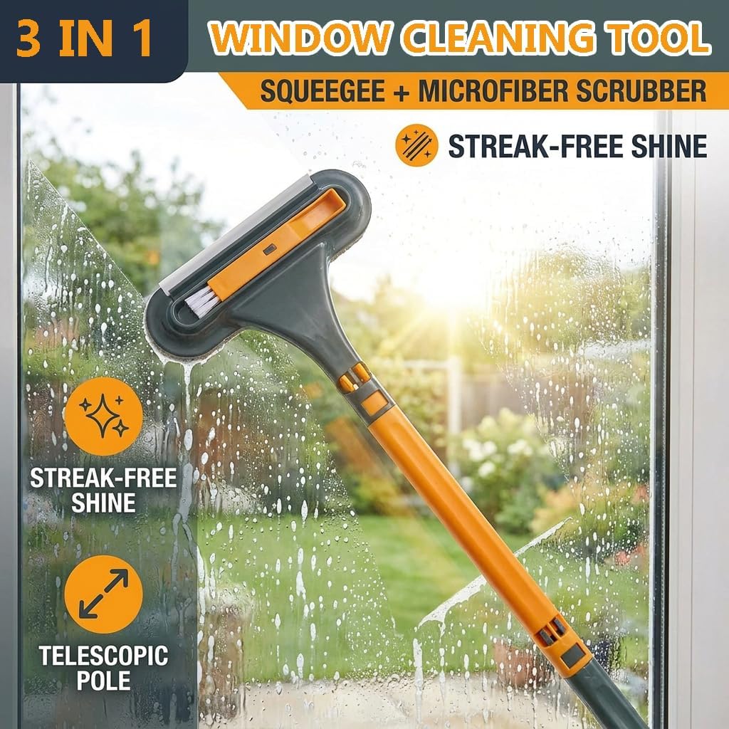 3 in 1 Window Squeegee for Home, 2-Way Brush Window Cleaning Tool with TPR Soft Rubber Squeegee for Cleaning Screens, Glass & Window Tracks
