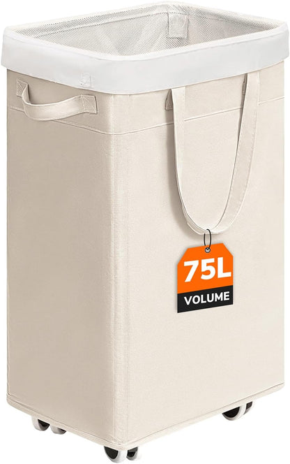 CHICVITA 75L Large Rolling Laundry Basket with Wheels & Wash Bag, Grey | Collapsible design saves space for corner dorms. Removable wash bag for easy laundry transport