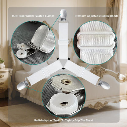 Bed Sheet Retainer Straps,Elasticated Adjustable Mattress Fitted Sheet Clips,Sheet Holder and Mattress Firm and Tight,for Anti-Slip and Anti-Wrinkle Sheets,Suitable of Mattresses,White