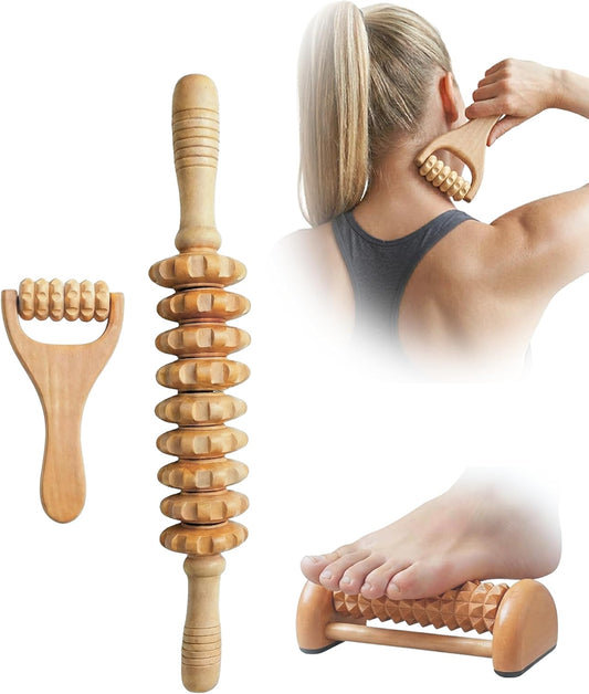 3Pcs Wooden Massage Tools, Massage Roller, Foot Roller for Plantar Fasciitis Relief, Roller for Muscles Deep Tissue Massage, Lymphatic Drainage Massager