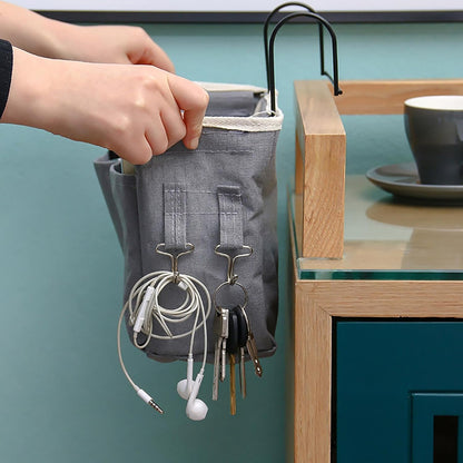 Bedside Caddy, Large Capacity Hanging Bedside Organizer with Side Hooks and 2 Pockets,Durable Versatile Bedside Caddy for Dorm Bed Phone Hospital College Magazine Remote Control Laptop Books (Grey)