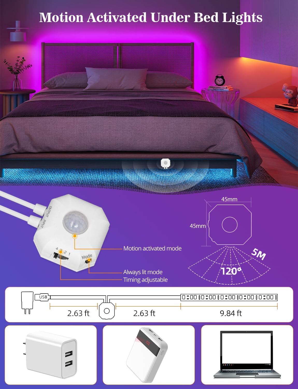 Daymeet Motion Sensor LED Strip Lights, 16.4ft RGB Motion Activated Under Bed Lights with Automatic Shut Off Timer App Control Cabinet Night Light Closet Lights for Hallway, Kitchen,Bedroom