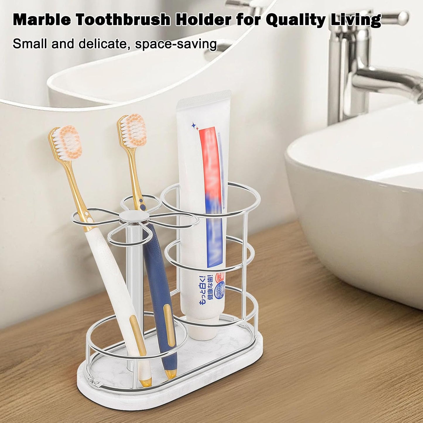 Toothbrush Holder Stand for Bathroom, Metal Toothbrush Organizer with Marble Base, Toothbrush Storage Collection for Family, Suitable for Home Hotel Countertop Vanity (Small, Matte Black)
