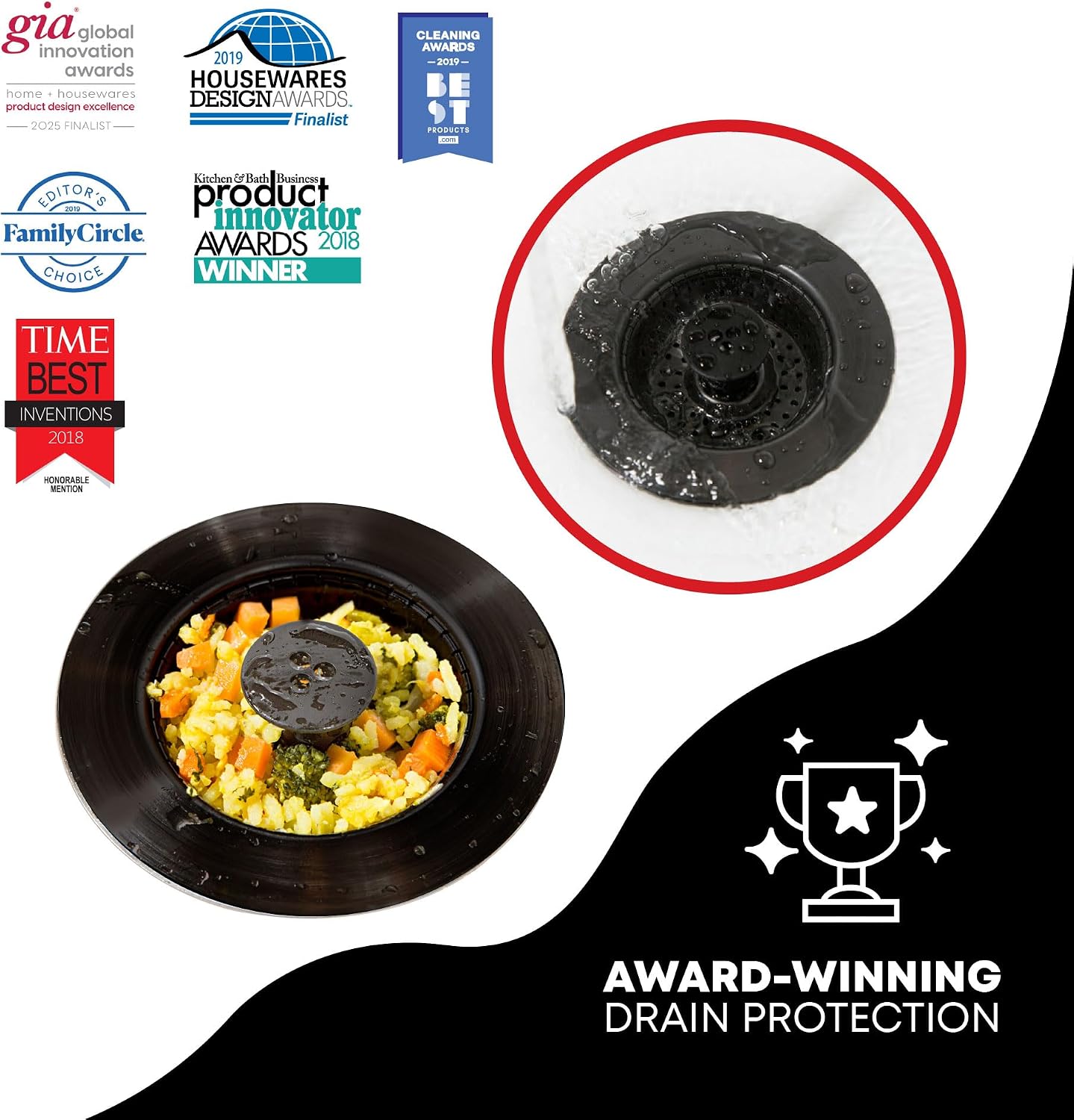 Kitchen SinkShroom Revolutionary Clog-Free Stainless Steel Sink Strainer, Black, 1-(Pack)