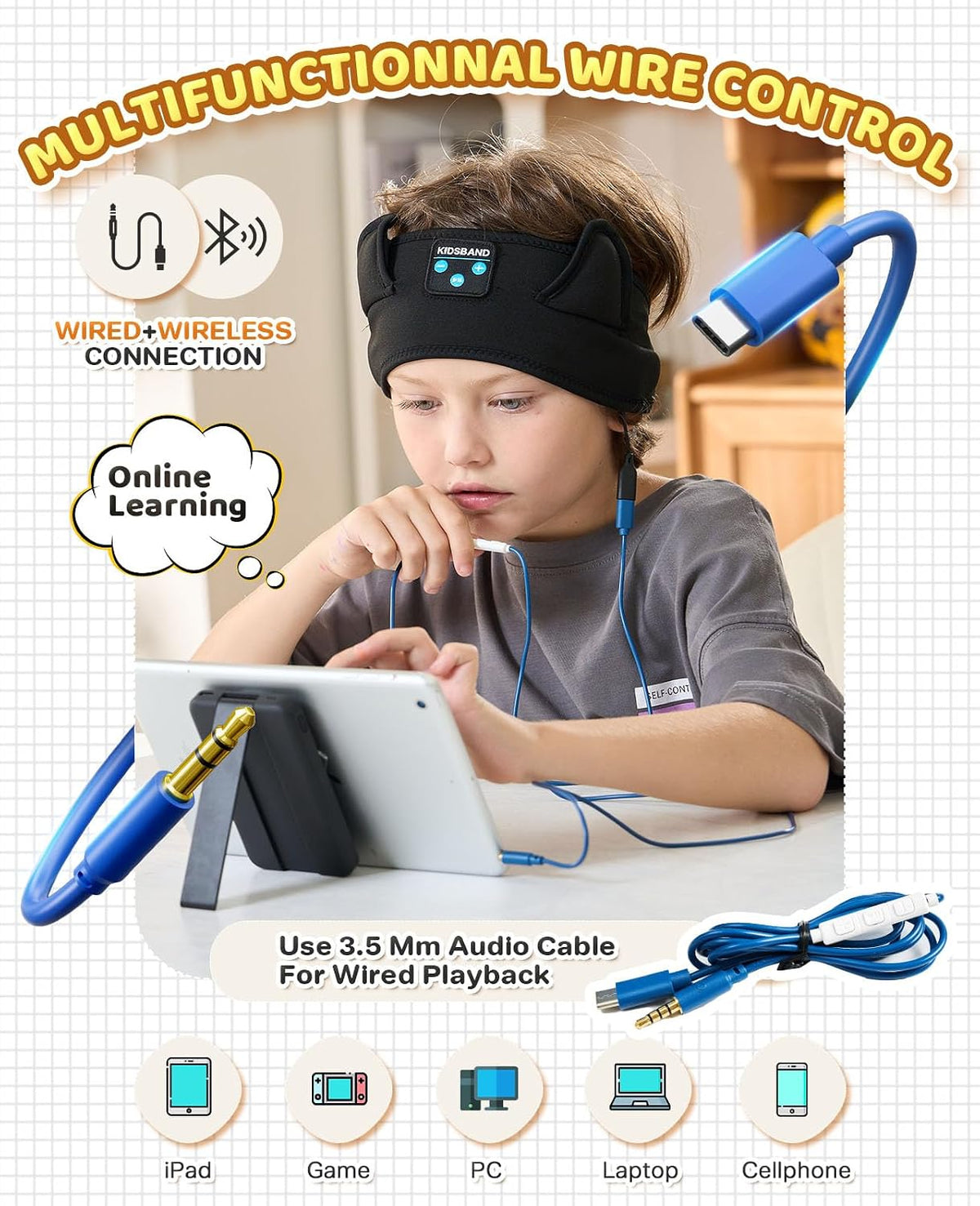 KIDSBAND Kids Bluetooth Headphones, Sleep Headband [Wireless & Wired Playback 2in1] Foldable Headphones for School/Travel/Tablet/Sleep