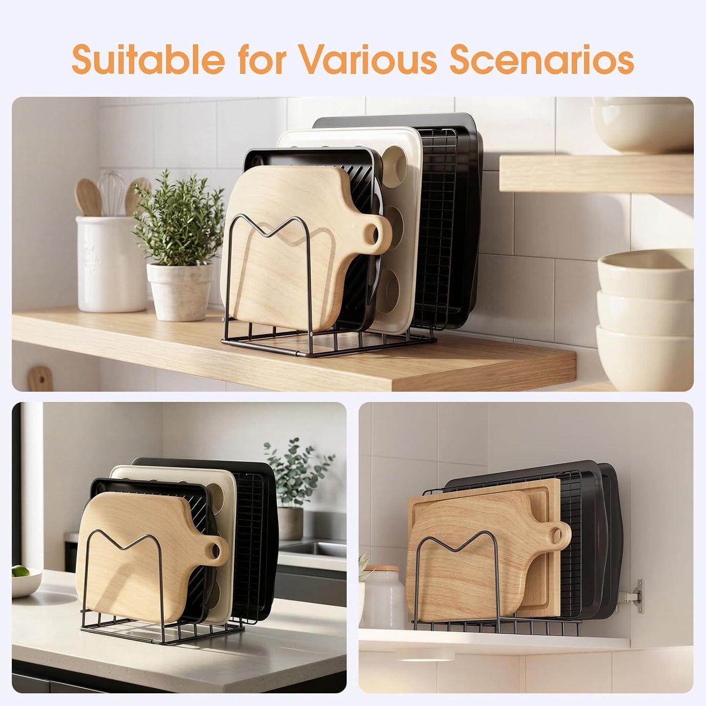 5mm Wire Cutting Board Organizer Holder Stand for Cabinet Countertop | Full silicone strip, no slipping or scratches, 1.2" slot spacing, Holds cutting boards, sheet pans, skillets inside Cabinet