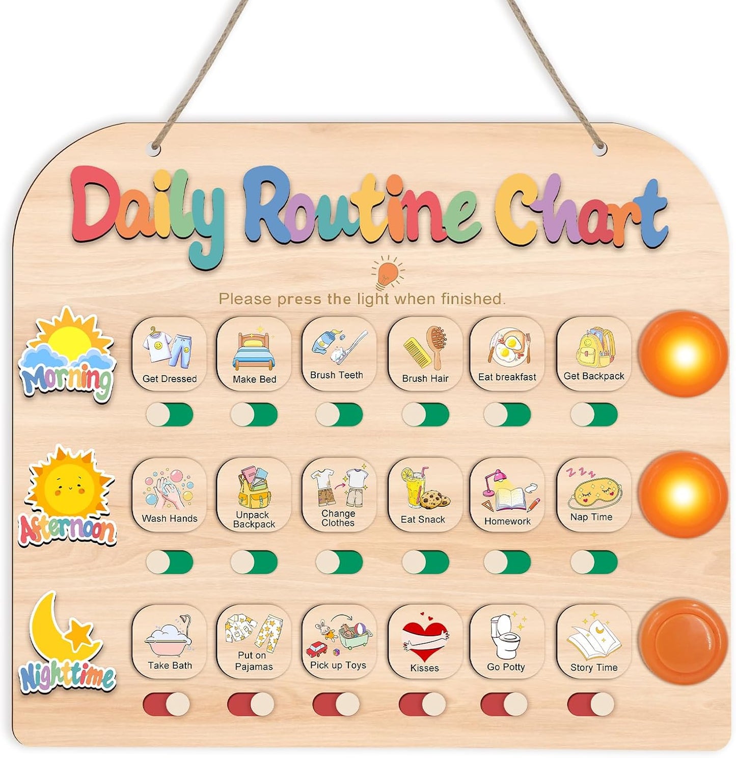 Morning Routine Chart for Toddlers, Visual Schedule Chart Planner | to Do List with 6 Tap Lights & 10 Activity Cards, Wooden Checklist Schedule Board for Kids, Autism, Preschoolers, ADHD Tools