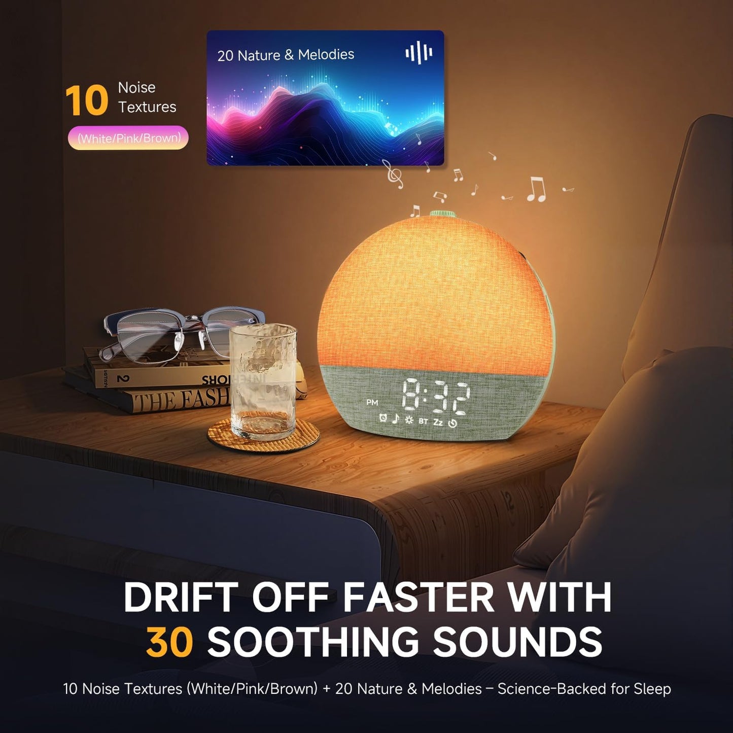 Geuuap Sunrise Alarm Clock White Noise Machine with Bluetooth Speaker,Khaki | 30 Soothing Sounds, 17 Dimmable lights, Simulated Sunrise, Backup Battery Memory, Auto-off Sleep Timer, Screen-Free Design