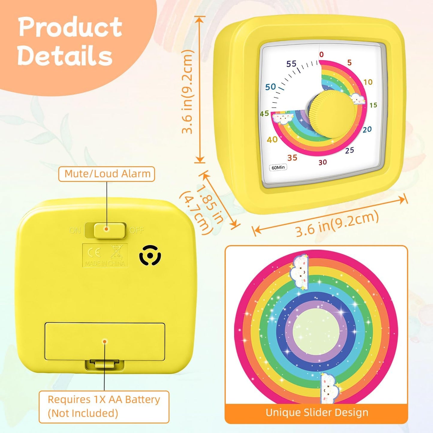 Visual Timer for Kids 60 Minute Countdown Clock – Silent Cube Timer with Rainbow Cloud Design, Plastic Kids Visual Timer, Toddler Timers for Classroom Home Kitchen Study Tools, Green