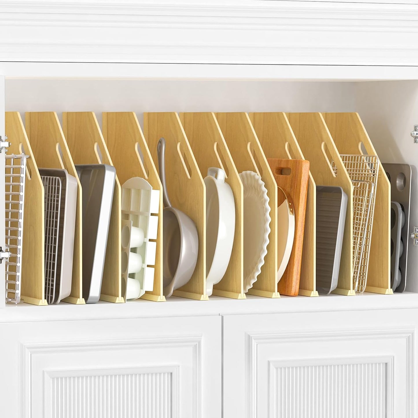 4 Pack Wood Tray Dividers for Cabinet, Cookie Sheet Organizer for Cabinet | No cutting required, Premium Wood, 2 Assembly Methods, Kitchen Cabinet Dividers for Storing pans, Baking tray, Cutting Board