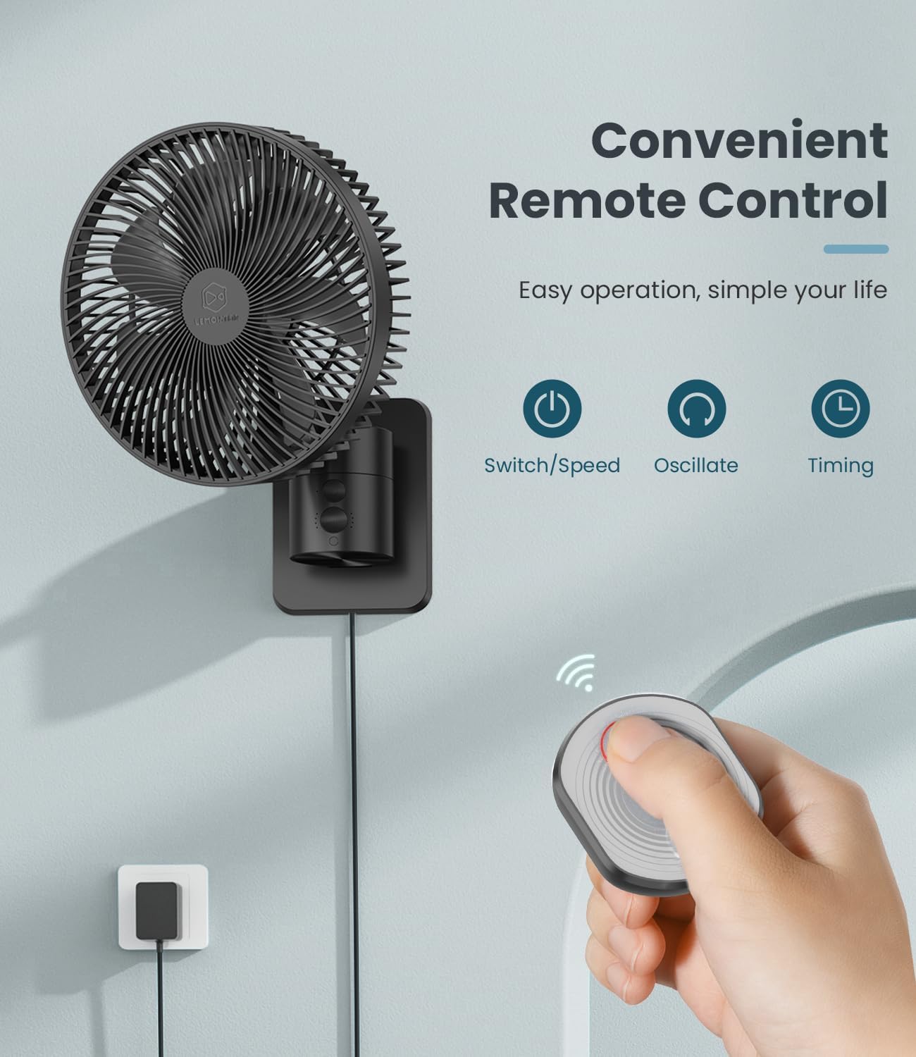 LEMOISTAR 8 Inch Small Wall Mounted RV Fan with Remote Control, 90° Oscillating, 4 Speeds, 4 Timer, Adjustable Tilt, 70 Inch Cord, Quiet, for Corner Bedroom Home Office Garage-Black