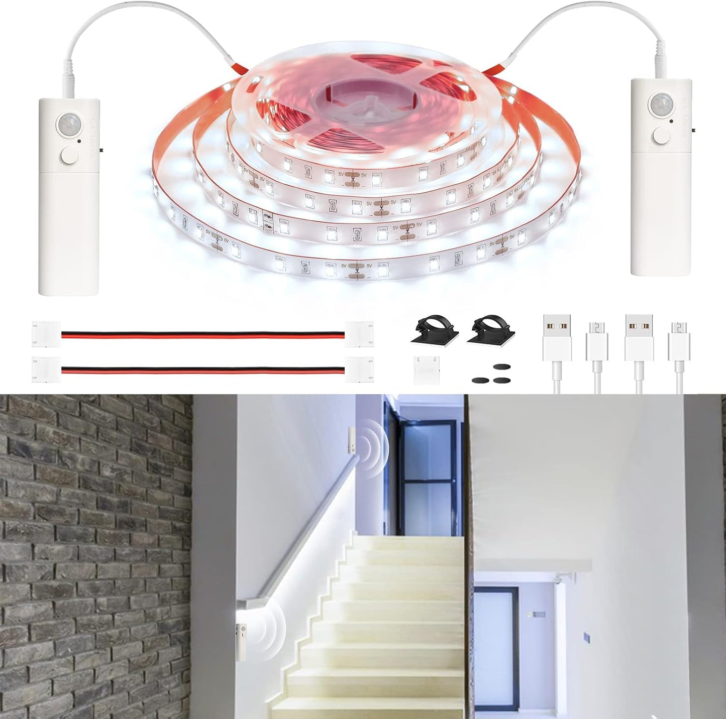 WOBANE Motion Sensor Stair Strip Lights,Rechargeable LED Closet Light,White | 2 X6.56ft Battery Powered Cordless LED Strip,60 LEDs Homelife Bar for Bed,Pantry,Counter,Night Light,Cabinet,6000K