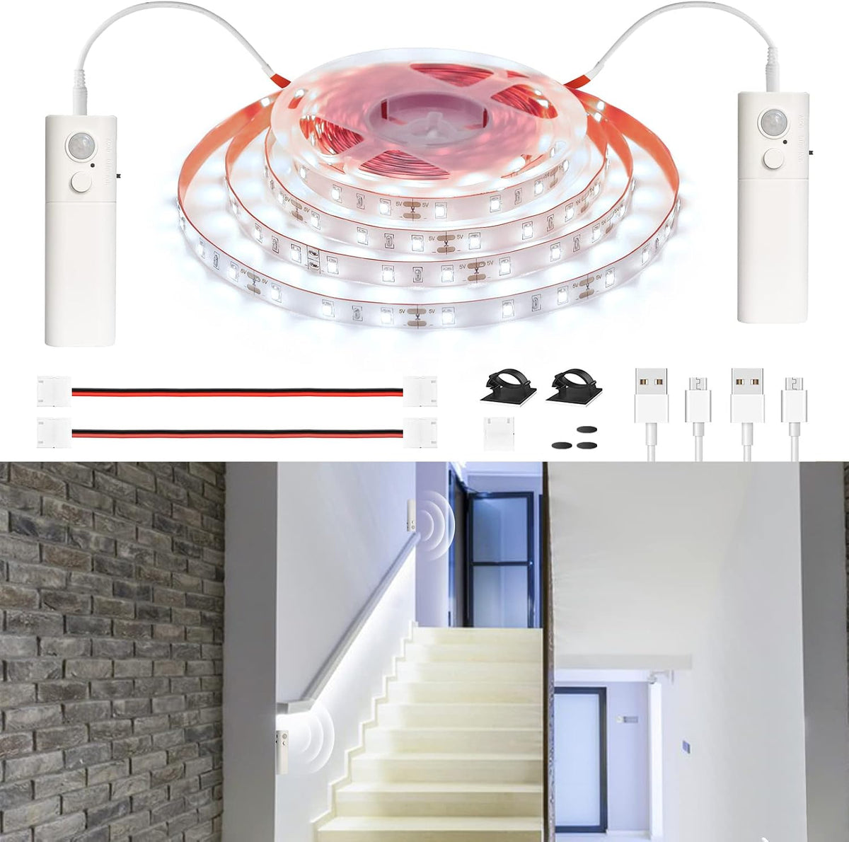 WOBANE Motion Sensor Stair Strip Lights,Rechargeable LED Closet Light,White
