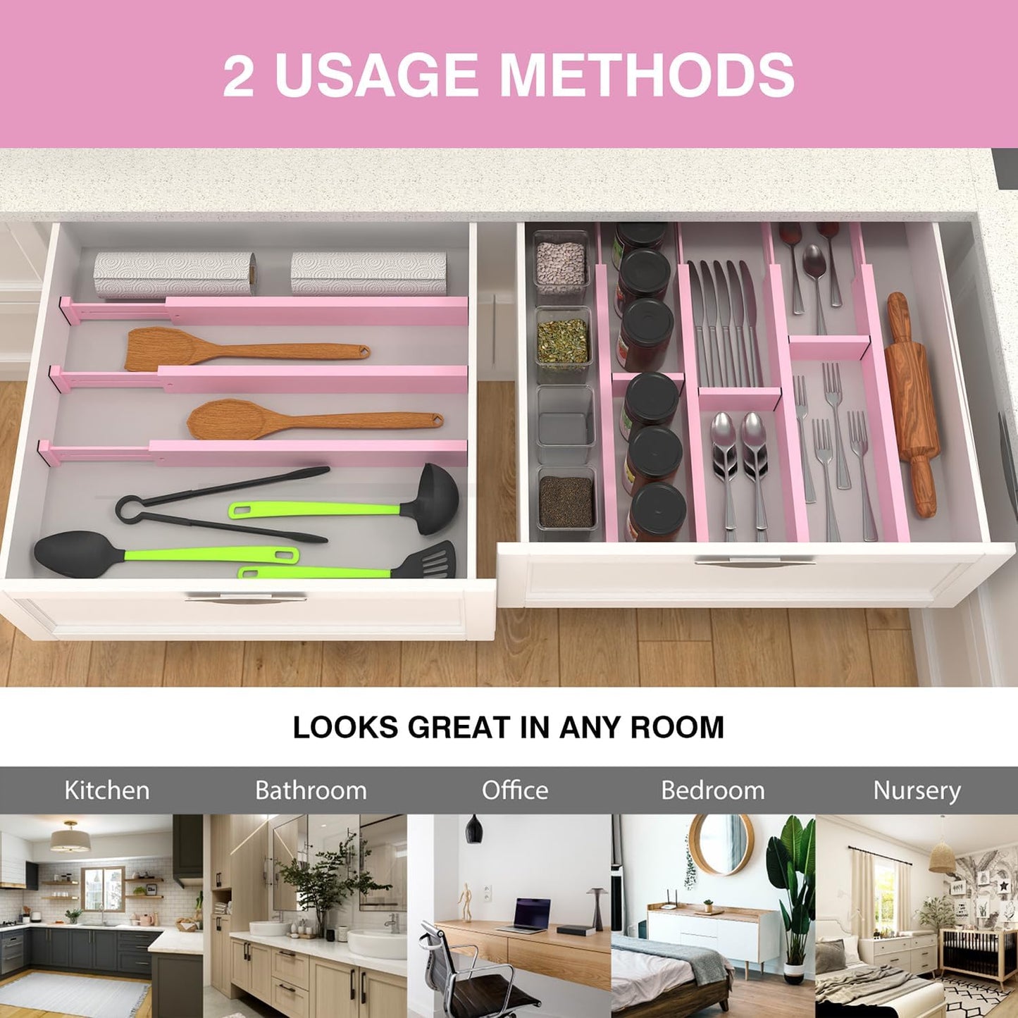 Bamboo Drawer Dividers Organizers, Drawer Separators Splitter,17-22 inches Long Adjustable Spring-loaded Organizer for Large Utensil, Clothes, Tools Drawers(yellow)