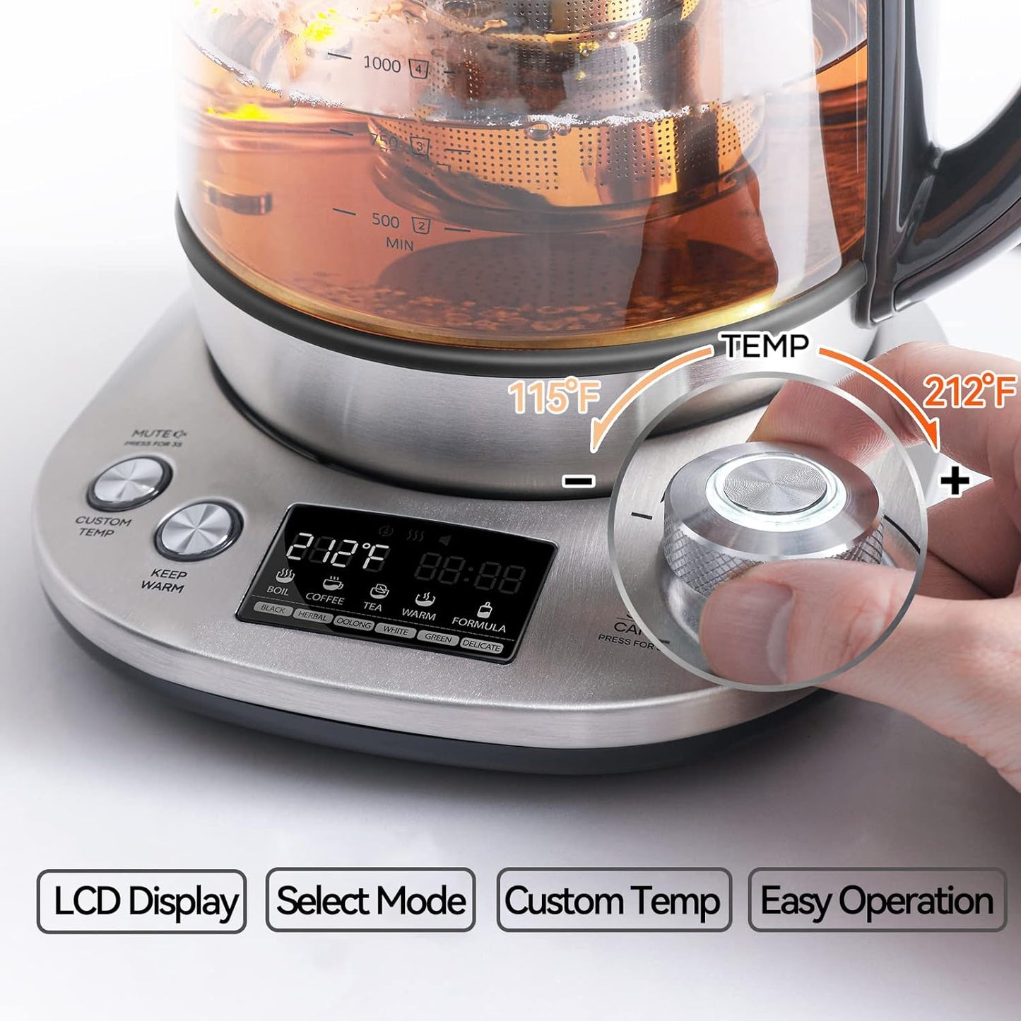 Mecity Electric Tea Kettle Borosilicate Glass Tea Maker With Temperature Control and Infuser - LCD Display and Preset Brewing Programs - 1.7 Liter Water Boiler