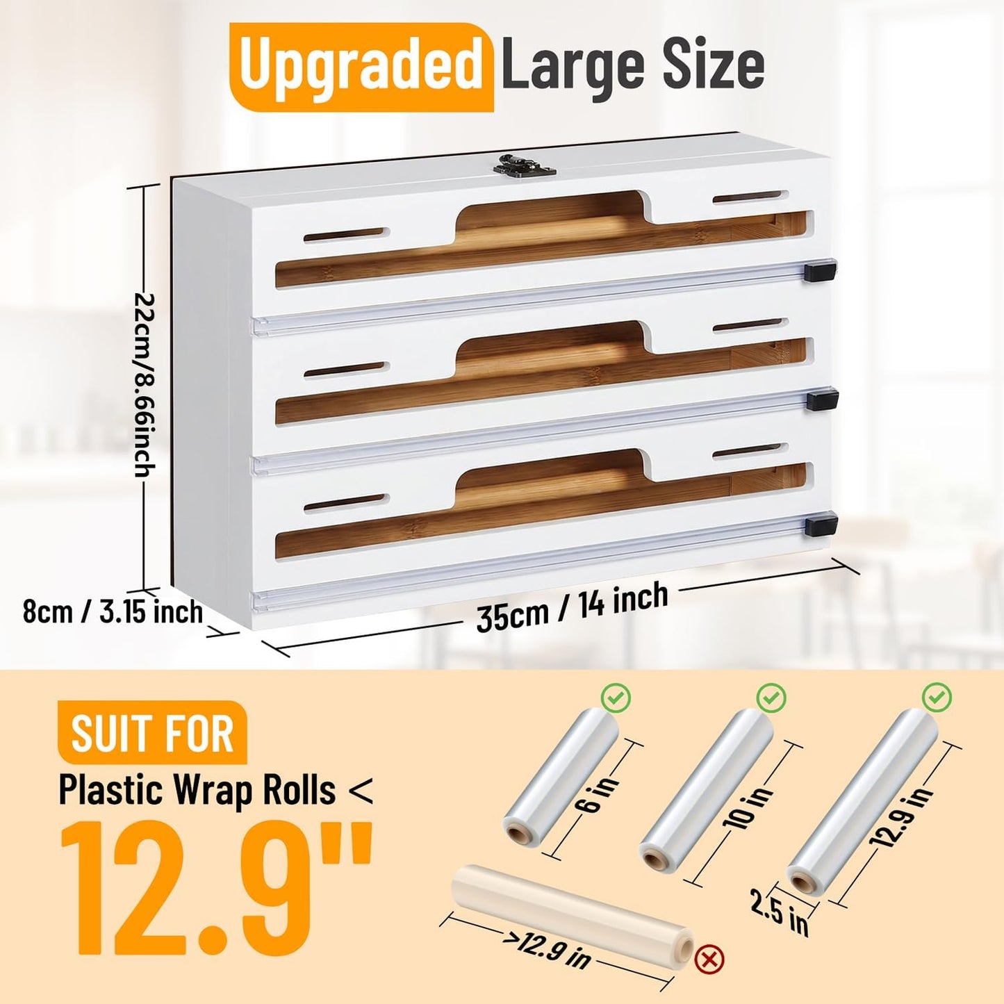 Allinside Magnetic Plastic Wrap Dispenser with Cutter, 3 in 1 Refrigerator Bamboo Wood Organizer for Tin Foil, Baking, Wax Paper Holder Kitchen Storage Box Compatible with 12.9" Roll, Black (3 Layer)