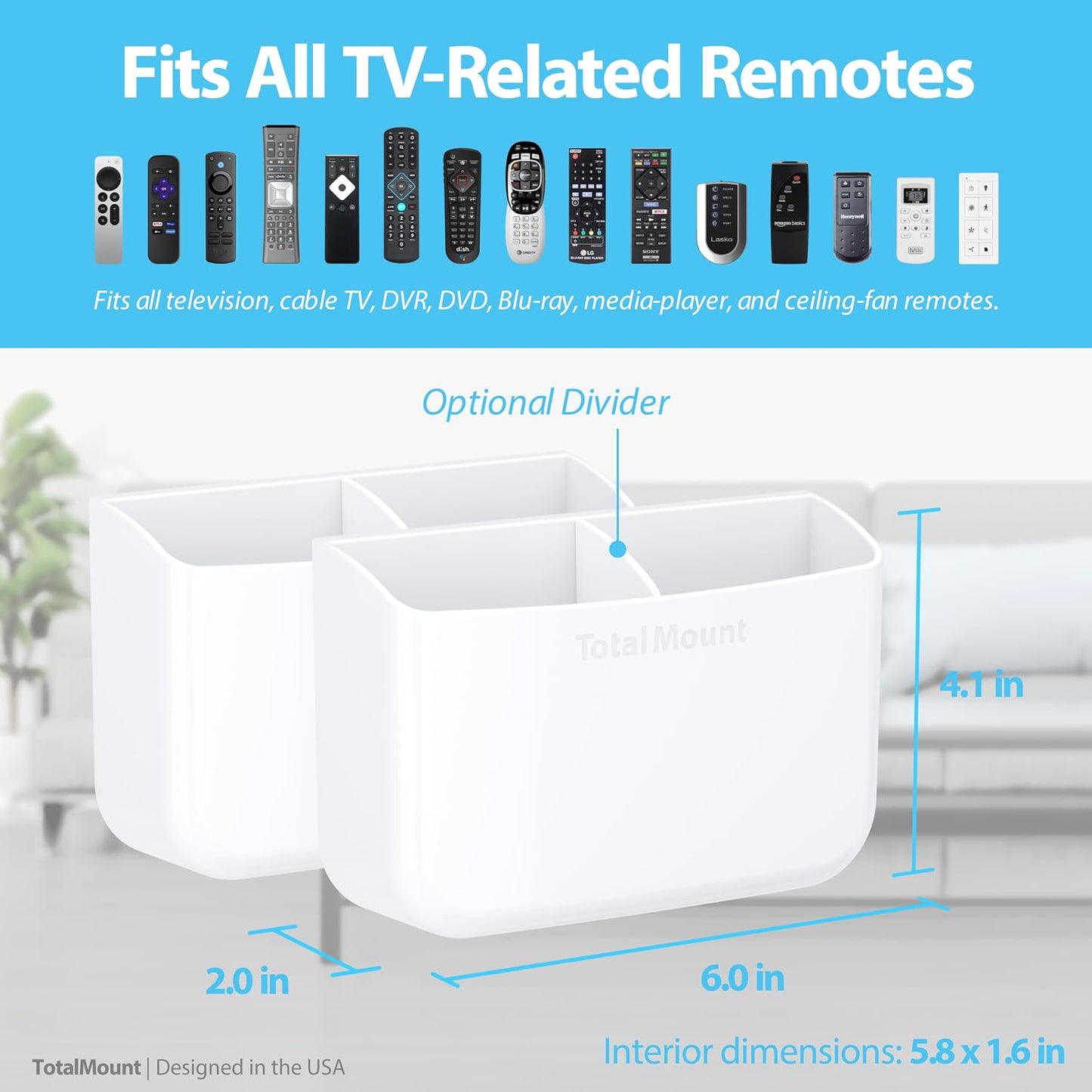 TotalMount Drop-Free Remote Holder – Removable Adhesive Strips – Black | Designed in the USA – Simply Put the Remotes In – No Tricky Magnet Alignment Needed (Holds 2 or 3 Remote Controls)