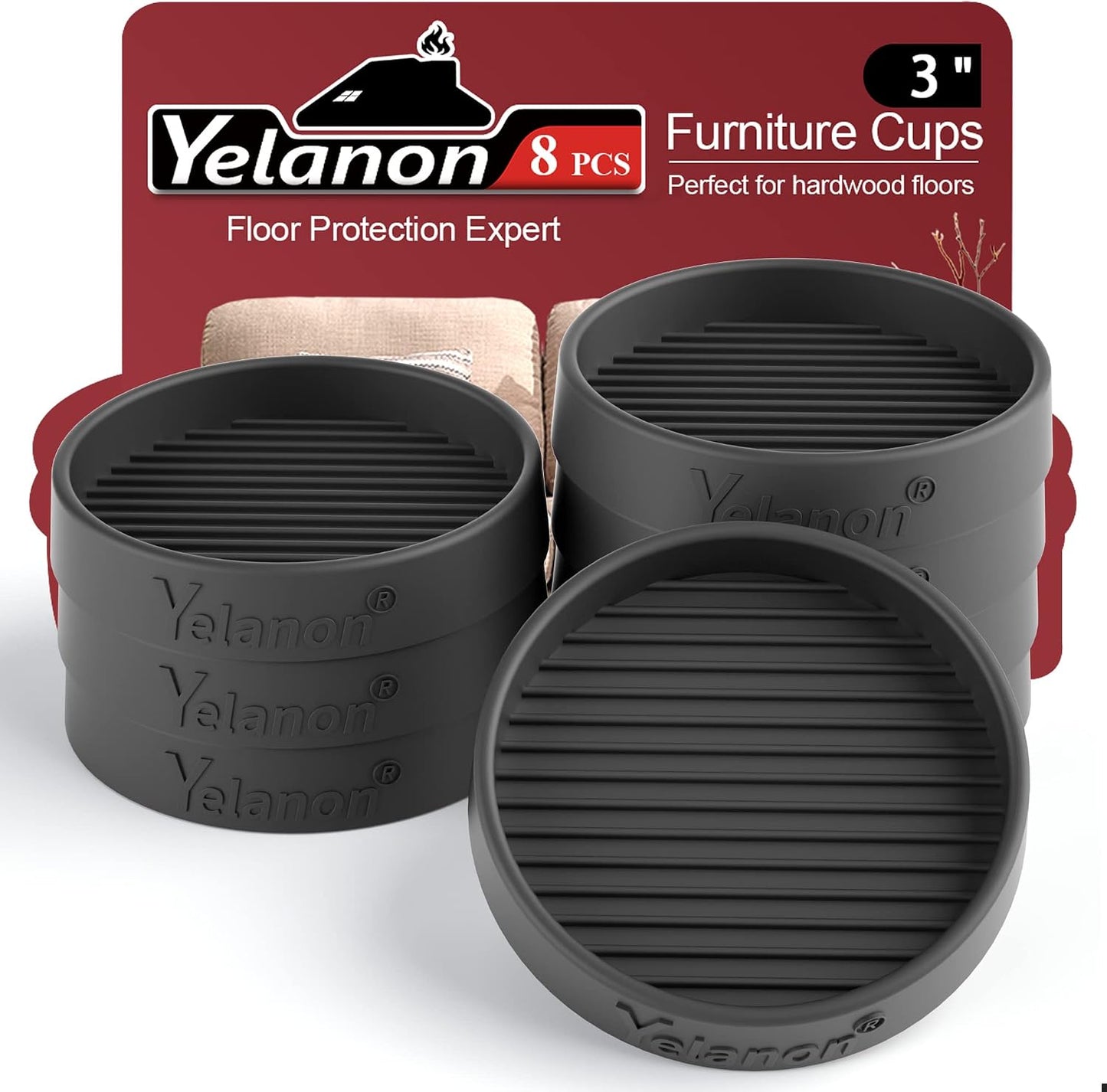 Furniture Coasters 4 Pcs 4” Furniture Caster Cups - Non Slip Furniture Pads Hardwoods Floors - Non Skid Grippers Rubber Furniture Feet Anti Slide Floor Protector for Bed Couch Stoppers Black