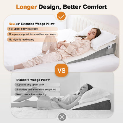 Vekkia 34" Extra-Long Wedge Pillow,7.5" Bed Wedge Pillow for Sleeping,White | Pillow Wedge Back Support for After Surgery, Idea for Acid Reflux,Snoring Relief,Removable Washable Cover&Double Side Pockets