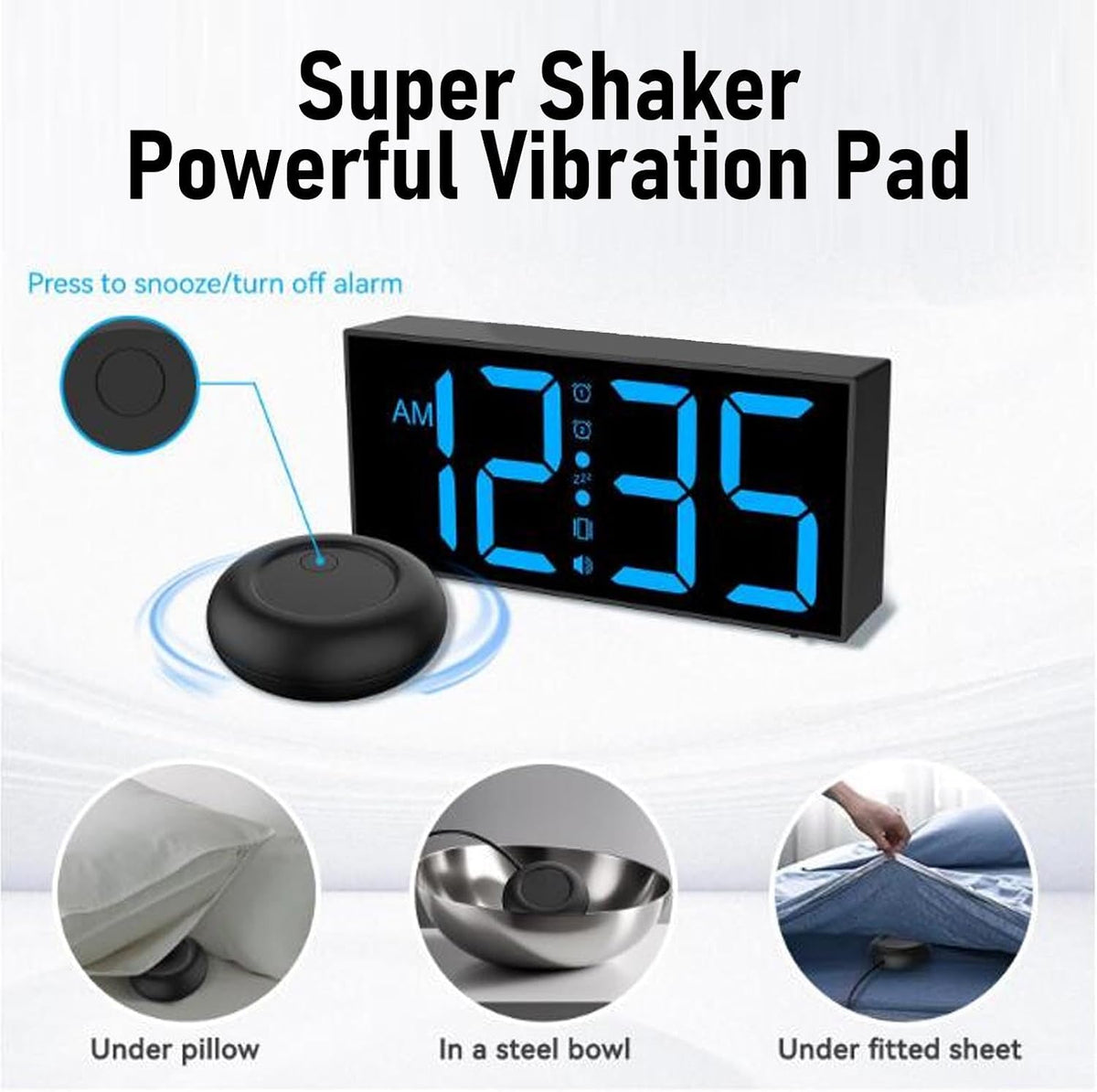 Zyyini Extra Loud Alarm Clock with Bed Shaker for Heavy Sleeper and Deaf Hearing Impaired, Dual Alarm, 7.4 Inch Mirror LED Display, Dimmer, 12/24H, Snooze