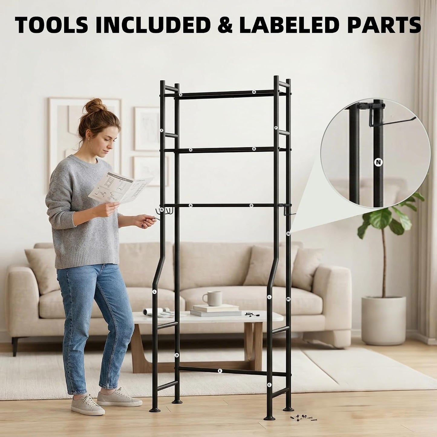 GloTika 3-Tier Over Toilet Storage, Anti-Tilt, 64" H, Black | Anti-Tilt Safety System, 150lb Capacity, Carbon Steel, Freestanding, No Drilling, Anti-Rust Coating, Paper Holder & 4 Hooks