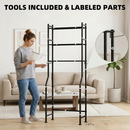 GloTika 3-Tier Over Toilet Storage, Anti-Tilt, 64" H, Black | Anti-Tilt Safety System, 150lb Capacity, Carbon Steel, Freestanding, No Drilling, Anti-Rust Coating, Paper Holder & 4 Hooks