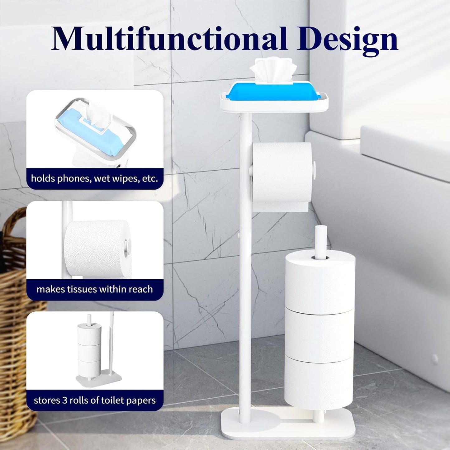 Kitsure Metal Toilet Paper Holder Free Standing, Medium, Black | Rustproof Toilet Paper Stand for 4 Rolls, Bathroom Organizers and Storage with Anti-Slip Base and Plastic Shelf
