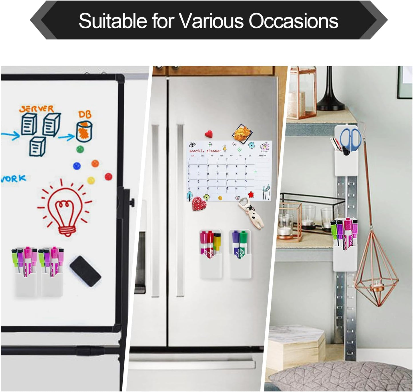 2 PCS Magnetic Pen Marker Holder, Magnetic Dry Erase Marker Holder, Magnet Pen Pencil Storage for Fridge, Whiteboard, School, Office, Home, White
