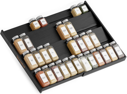 SpaceAid Bamboo Spice Drawer Organizer, (Need 3" Deep Drawer) Expandable 4 Tier Spices Rack for Cabinet, Kitchen Seasoning Storage Insert (Jars Not Included, From 12" to 23" Wide)