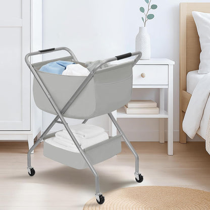 STORAGE MANIAC Collapsible Laundry Cart with Wheels 35.6"H Removable Canvas Bag Rolling Laundry Hamper Clothes Basket with Wheels, Sturdy Steel Frame Folding for Small Narrow Space Easy Storage, Beige