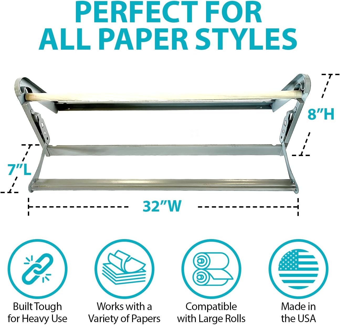30 Inch Paper Roll Dispenser with Cutter, Desktop or Wall Mount Set Up | Straight Edge Paper Cutter, Made in USA Roll Dispenser, Versatile Use for Home, School, or Office, Compatible w/ Large Rolls