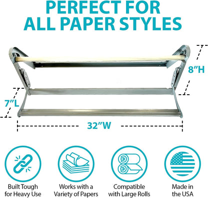 30 Inch Paper Roll Dispenser with Cutter, Desktop or Wall Mount Set Up | Straight Edge Paper Cutter, Made in USA Roll Dispenser, Versatile Use for Home, School, or Office, Compatible w/ Large Rolls